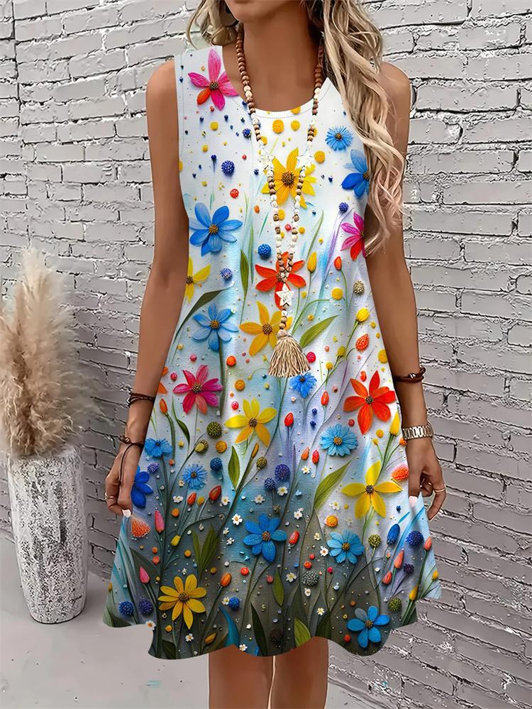 Lässiges Damen Tanktop-Kleid Sommer Ärmellos O-Ausschnitt 3D-Druck Locker A-Linien-Kleid Strand-Westenkleid