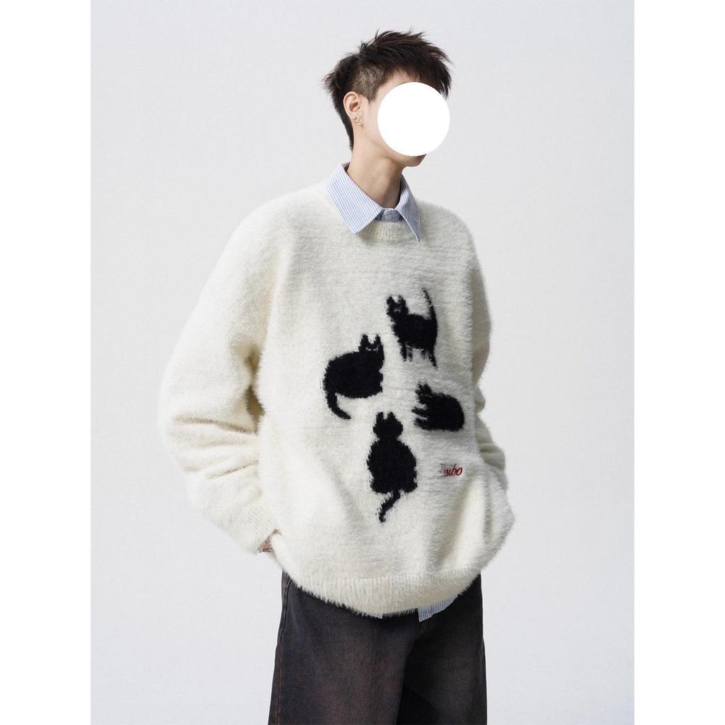Trendy Cartoon Cat Knit Sweater: Men's Autumn/Winter Round Neck Couple's Loose Casual Style