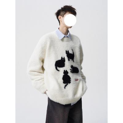Trendy Cartoon Cat Knit Sweater: Men's Autumn/Winter Round Neck Couple's Loose Casual Style