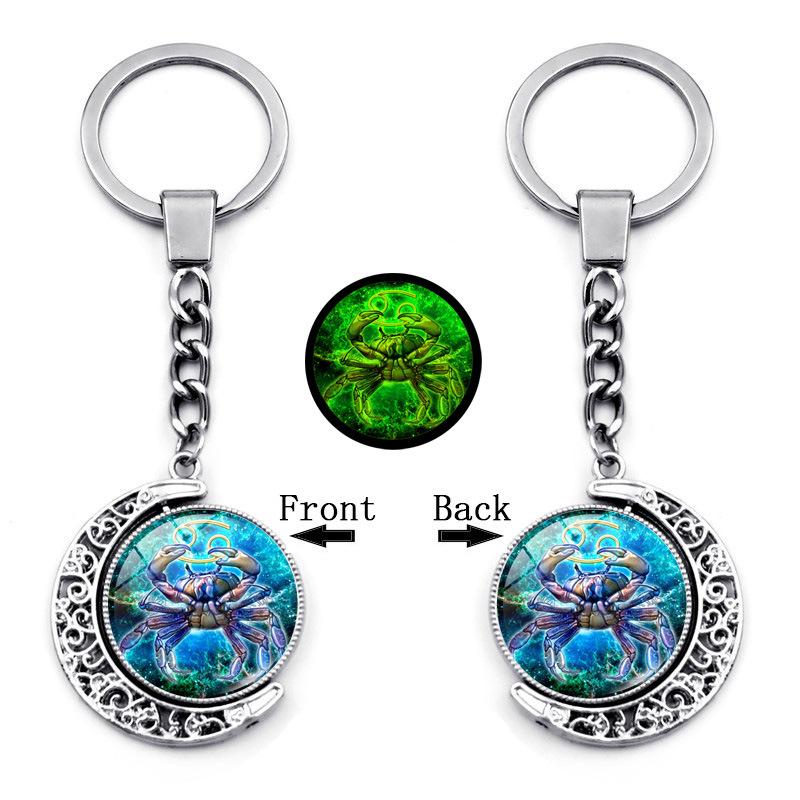 Luminous Twelve Constellations Time Gemstone Keychain Pendant Rotating Moon Pendant Metal Keychain Hanging Gift