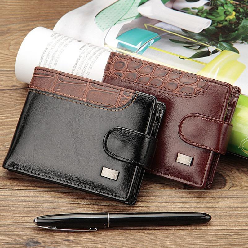Men's small card bag buckle short money ticket clip splicing change bag horizontal leather wallet, men
