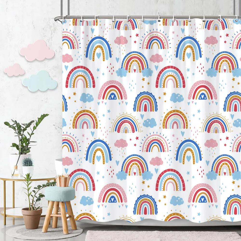 Rainbow Shower Curtain Colourful Cute Bohemian Abstract Print Kids Shower Curtain Polyester Fabric Art Bathroom Decor With Hooks
