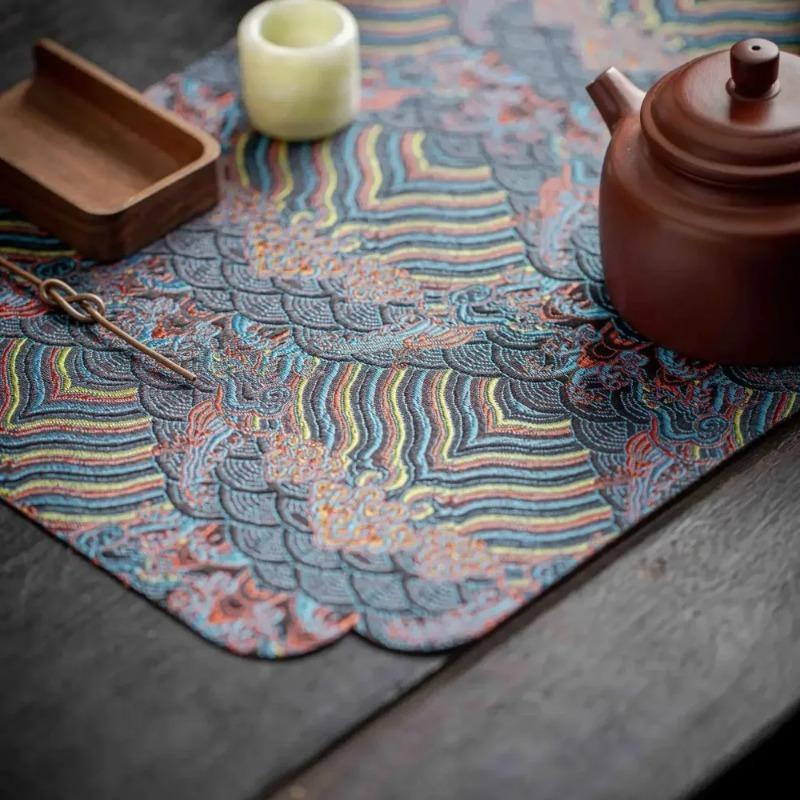 Double-Sided Brocade Tea Mat: Chinese Zen Style, Non-Slip Dry Brewing Pad for Tea Ceremony | Vintage Table Decor Mats & Pad