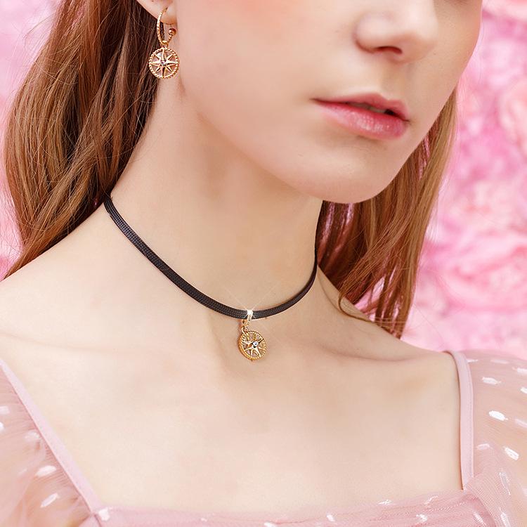 Korean Black Leather Choker Compass Necklace for Women