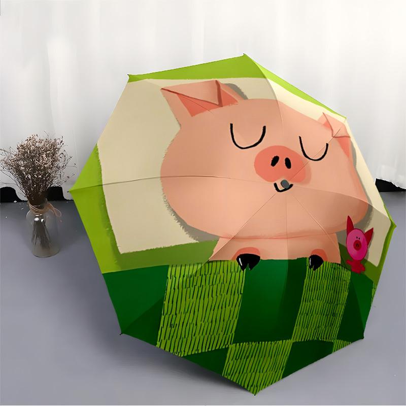 1pc Piglet Automatic Folding Umbrella, 8-Rib Durable Iron Frame, Compact Travel Umbrella for Women & Men 091