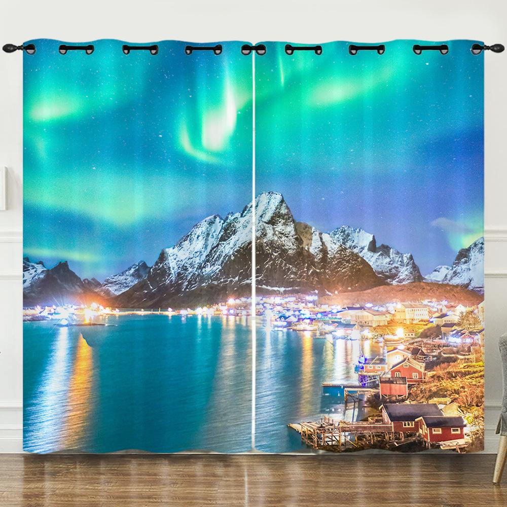 Curtain Bedroom Curtain Digital Printing Aurora Blackout Curtain Fabric No Punching