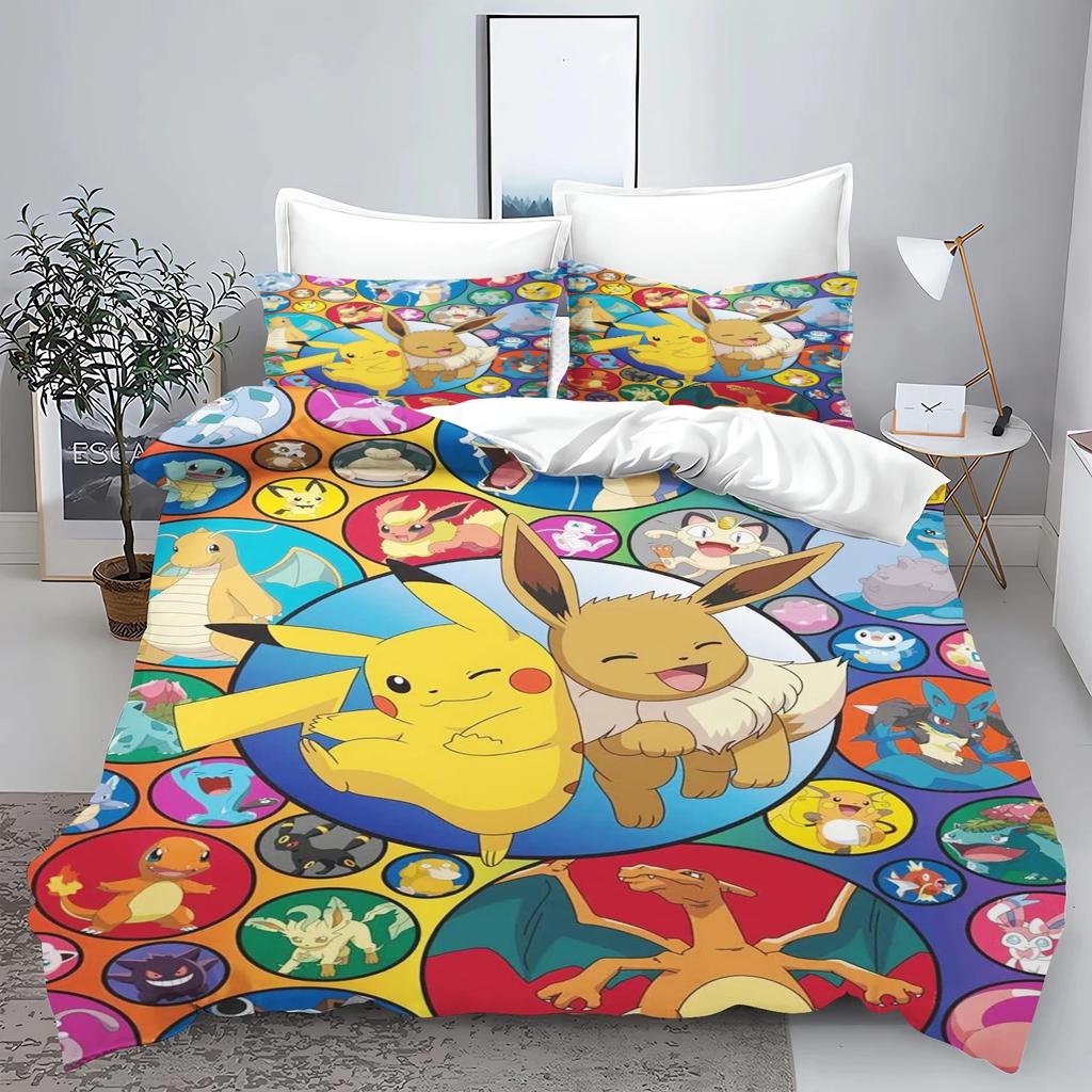 Ensemble de literie Pokémon Série Pikachu Housse de couette Taie d'oreiller à imprimé dessin animé, Décoration d'ensemble de housse de couette pour chambre, Grand King 260x240cm