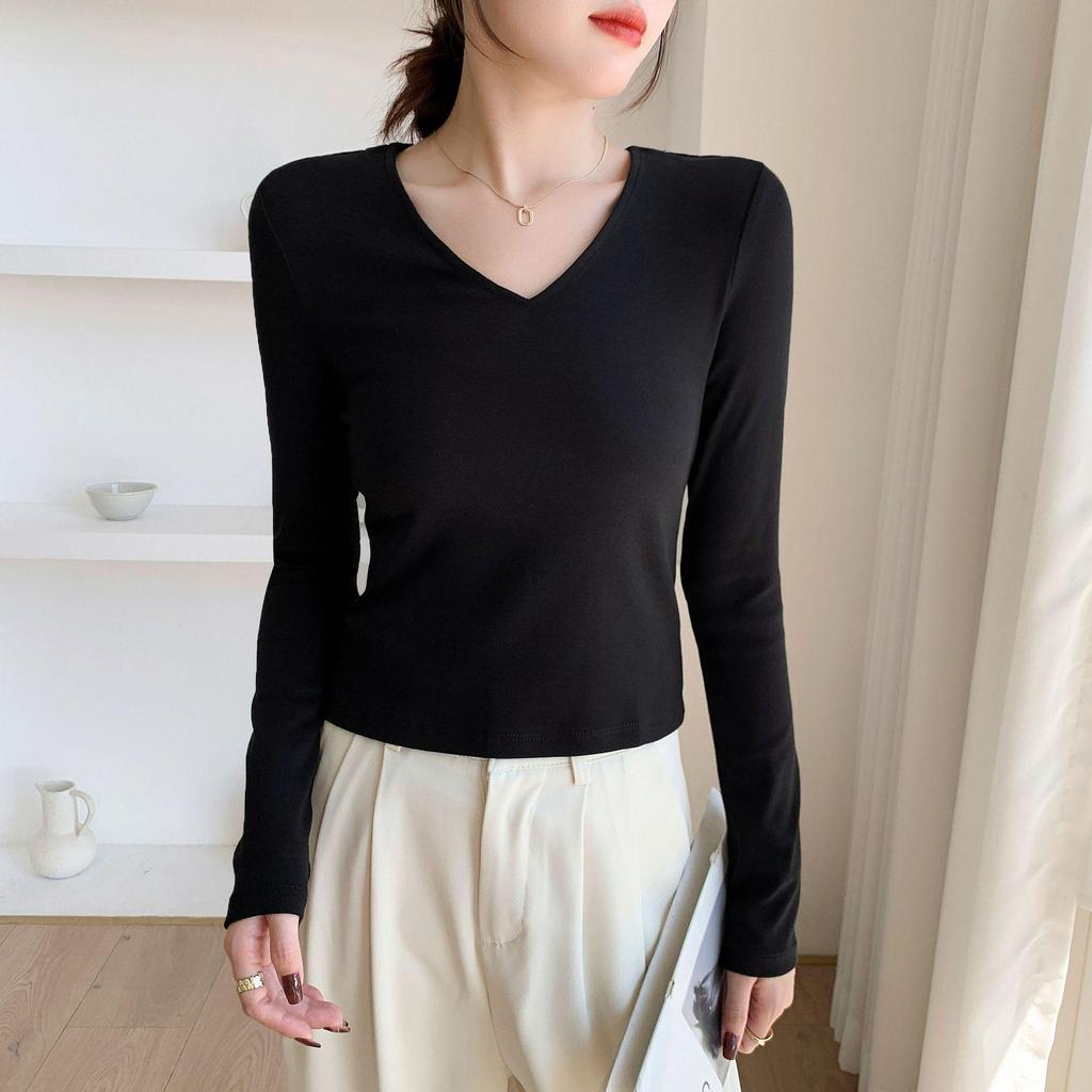 Women's Ribbed V-neck Slim-fit Base Shirt - Autumn/Winter Versatile Solid Color Top
