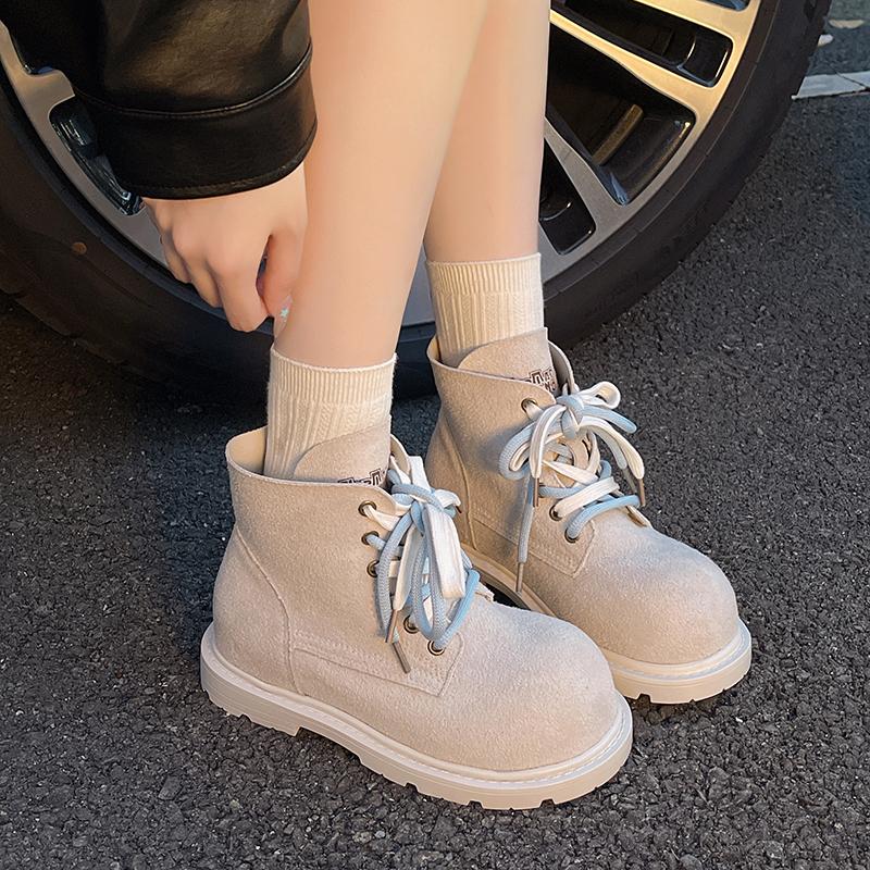 Big Round Toe Low Heel Single Shoes Autumn New Lace-Up Front Suede Anti-Slip Wear-Resistant Shoes