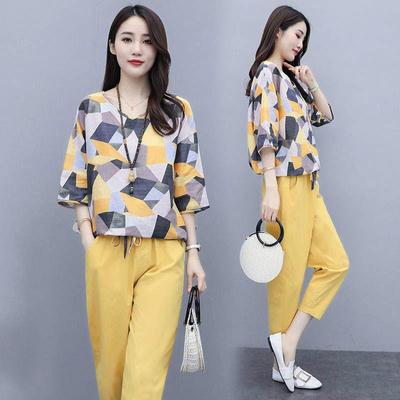 Women 2Pcs Tracksuit Set Casual Loose Printed T Shirt Cropped Pants Set Summer Leisure Suit