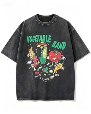 2026 new Washed Cotton Tshirt with Funny Vegetable Band Print Casual Streetwear Top 2XL