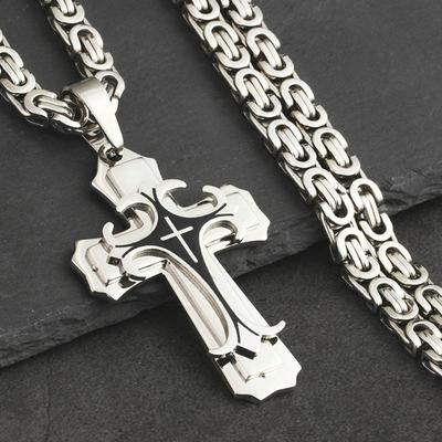 Christliches Dreifaltigkeits-Lateinisches Kreuz Halskette für Männer Edelstahl Drei Schichten Kreuz Anhänger Halsketten Schmuck Geschenk