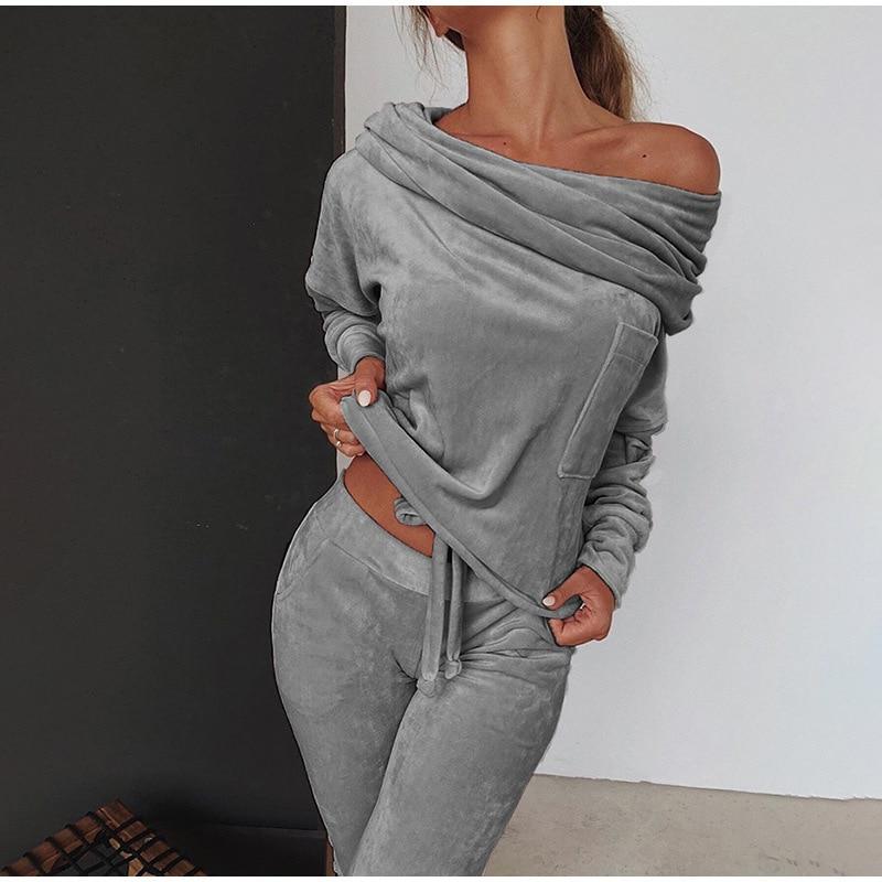 Ladies Sweatshirt Pants 2-piece Set Asymmetrical Strapless Velvet Sportswear Casual Wear Autumn and Winter S-5XL