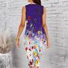 Women Plus Size Sleeveless Round Neck Midi Bodycon Dress White Base Blue Floral Print Slim Fit Dress