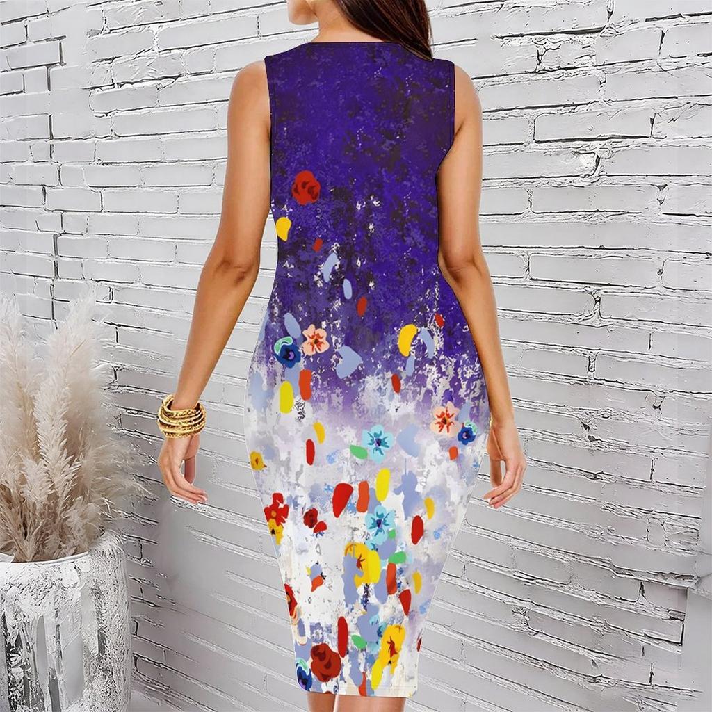 Women Plus Size Sleeveless Round Neck Midi Bodycon Dress White Base Blue Floral Print Slim Fit Dress