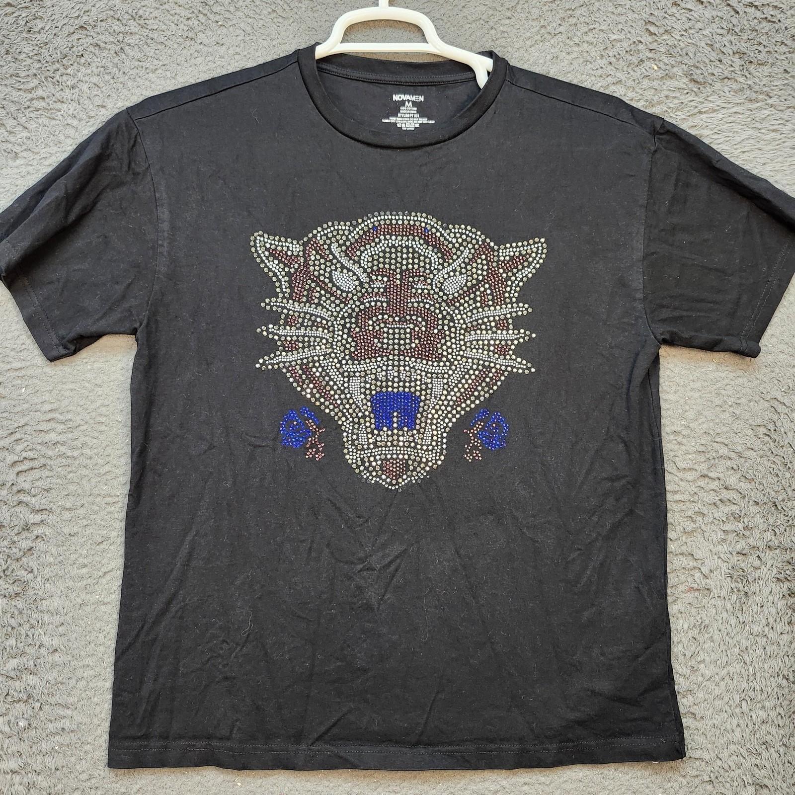 Novamen Shirt Mens Medium Black Tiger Rhinestone Graphic Tee Rose Detail India Unisex T-Shirt XXXL