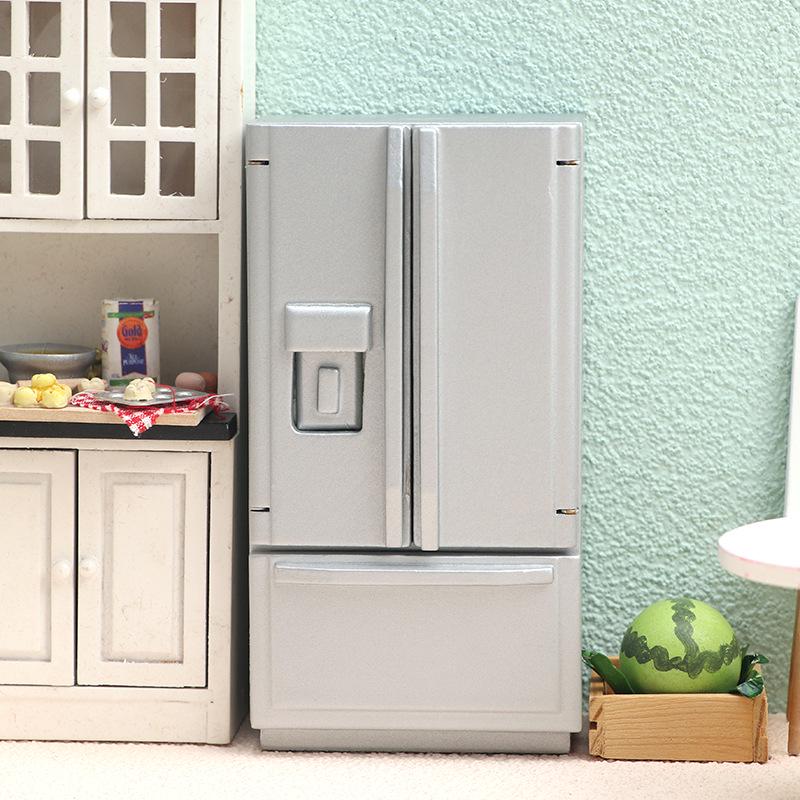 1:12 Dollhouse Miniature Kitchen Double-Door Refrigerator in White/Silver-Gray