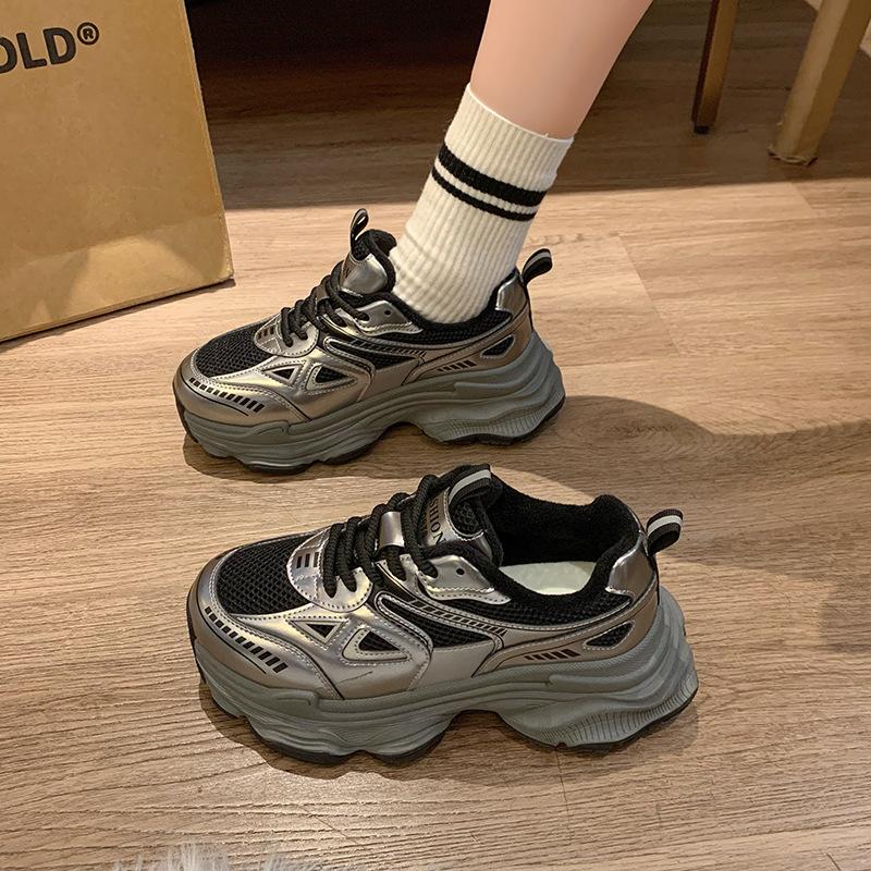 Dad shoes new autumn and winter velvet black shoes thick-soled heightening casual sports shoes