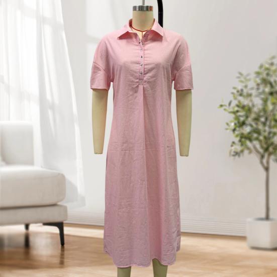 Abito estivo in cotone e lino da donna, manica corta, bottoni, colletto, midi, casual, svasato, linea ad A, ampio, da vacanza