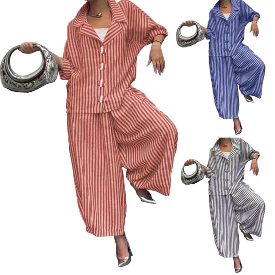 Women's Casual Suit Long-Sleeved Shirt Top Wide-Leg Harem Pant 2-piece Set Autumn Lapel Striped Nine-Point Pant Female Outfit Suit