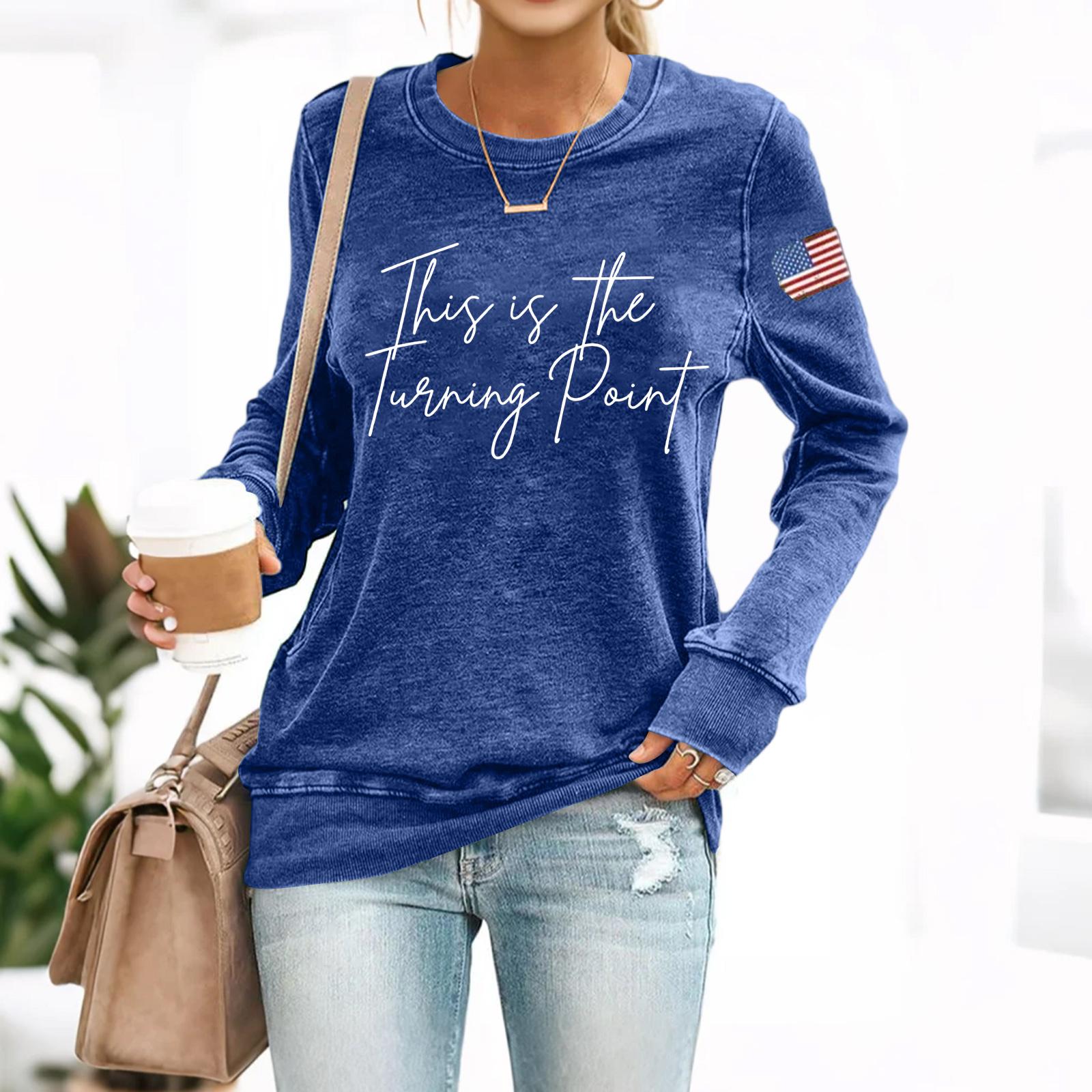 

(THIS IS THE TURNING POINT) Women s Fashionable Casual Long-sleeved Printed Round Neck Sweatshirt Top XXL синій