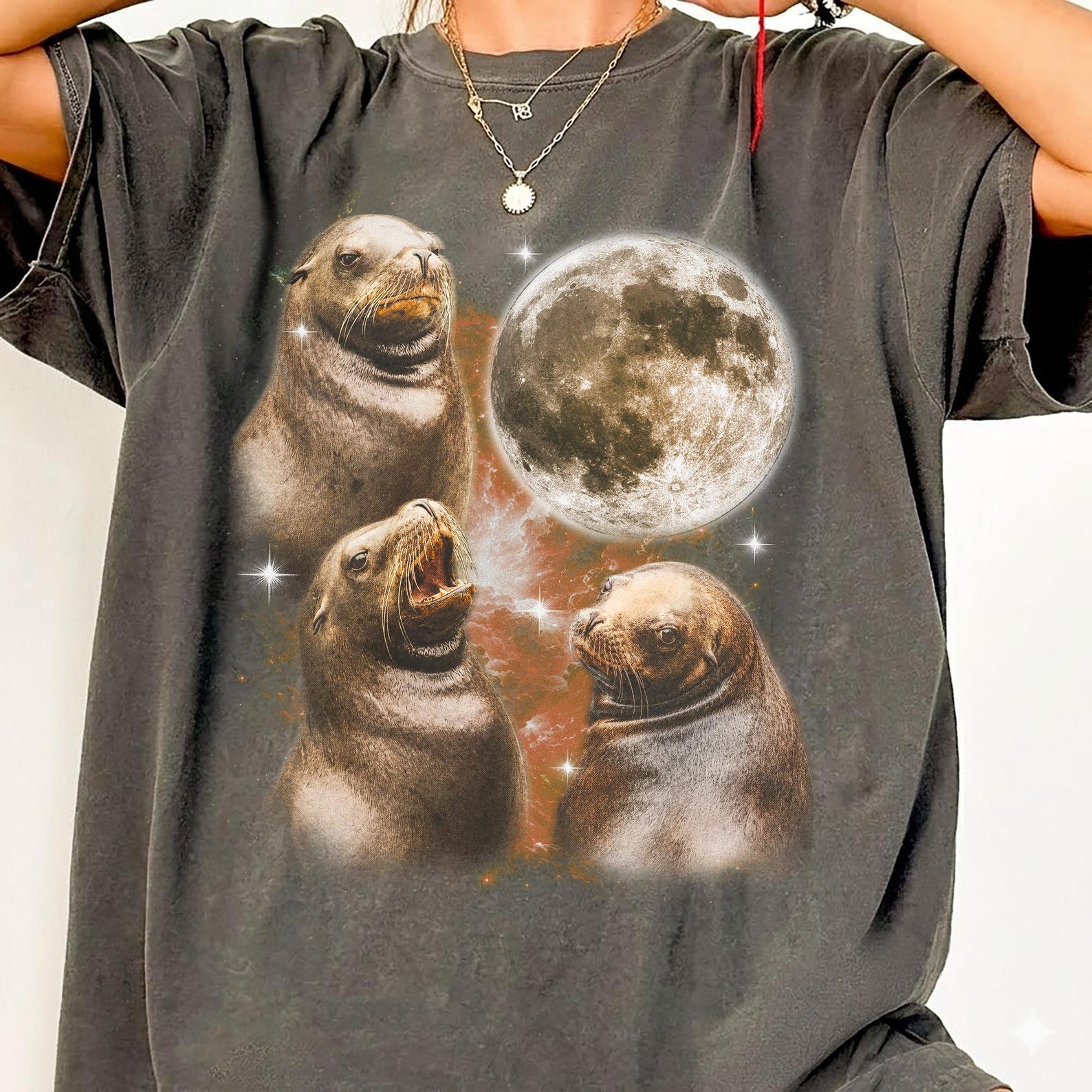 Sea Lion T-Shirt, Three Sea Lions Moon Graphic Tee, Comfort Colors Ocean Animal Shirt, Funny Seal Lover Gift, Aquarium Zoo Animal Tee 3XL