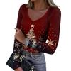 Tricou de damă de iarnă cu croială slim, la modă, cu imprimeu de Crăciun, cu decolteu în V, tip pulover, cu mâneci lungi