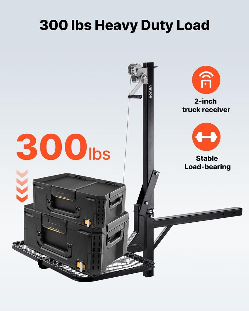 Hitch Deer Hoist with Lifting System Platform, 300 lbs Load Capacity, Game Hoist Winch Lift with 2-inch Receiver, 360-Degree Swivel Shaft & Foldable,