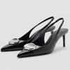 Fashion Metal Decoration Slingback Heels Women Sexy Black Pointed Toe Back Strap Stiletto Sandals Luxury Banquet Designer Shoes