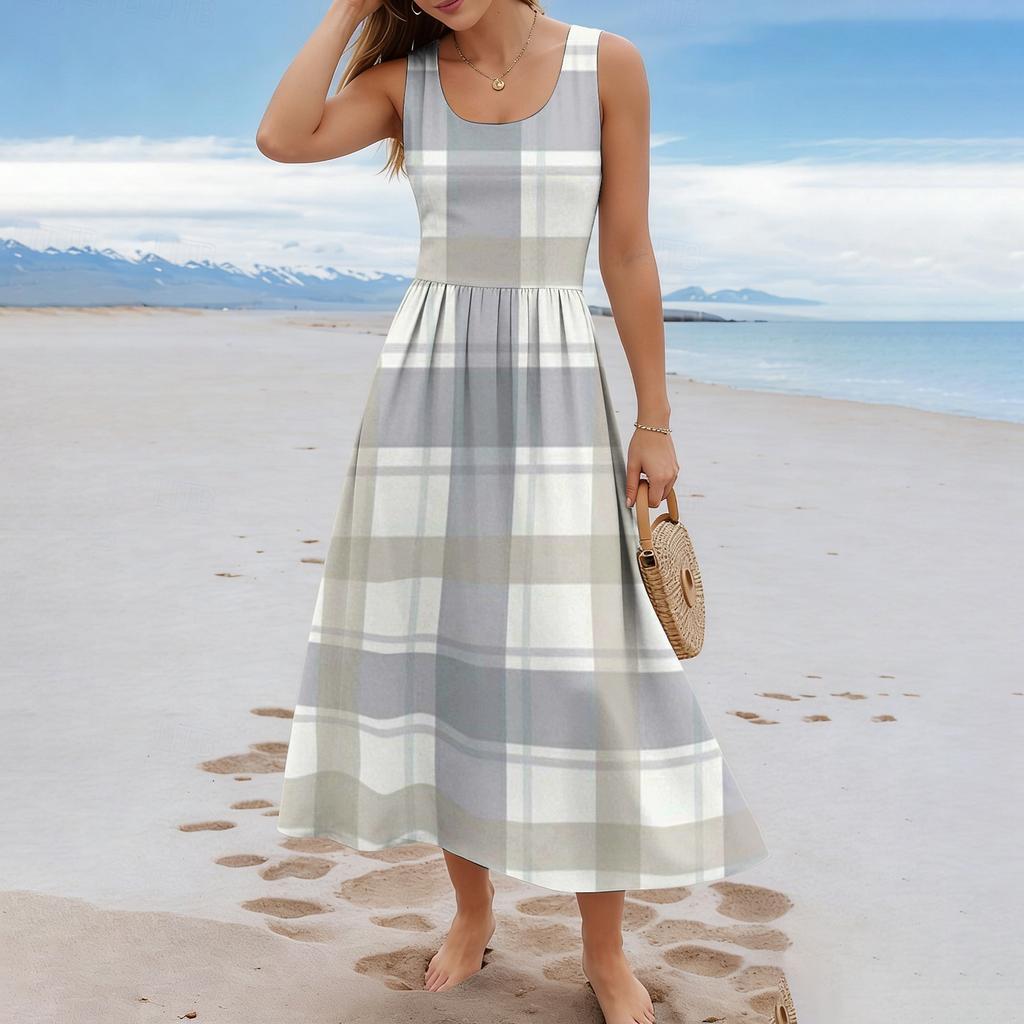 Ladies' Checkered Summer Casual and Fashionable Sleeveless Long Dress