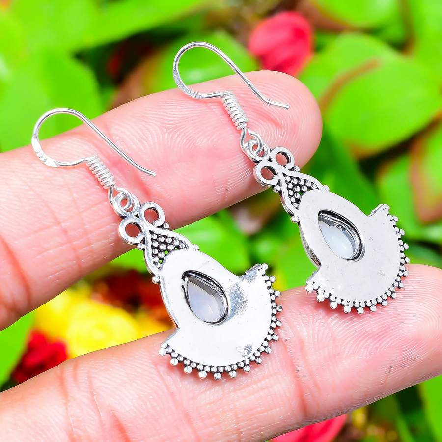 Natural Rainbow Moonstone Gemstone 925 Sterling Silver Earring 1.73" u9i36