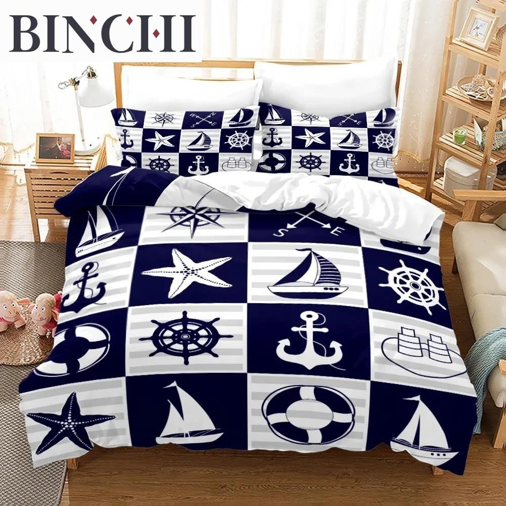Nautical Bedding Set Ocean Anchor Duvet Cover Sailor Pirate Sea Adventure Bedspread For Kids Boys Navy Blue