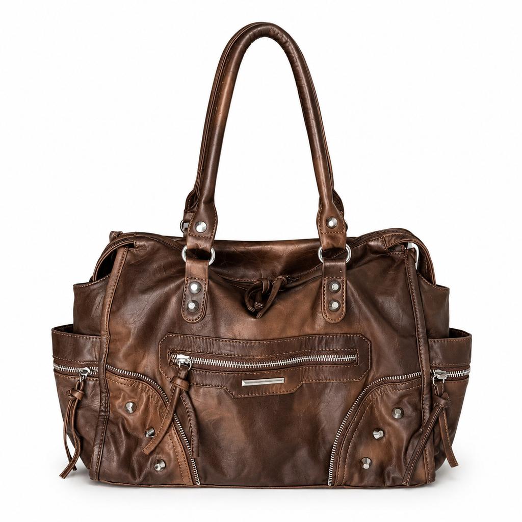 Retro Rivet Motorcycle Bag, Ladies' Spicy Girl Style Tote Bag, Soft Leather Commuting Shoulder Crossbody Bag