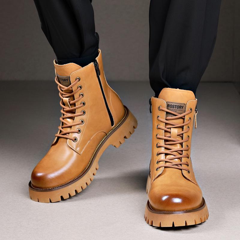 Men's Autumn & Winter Yellow Genuine Leather Boots with Thick Sole, Side Zipper, and Round Toe - Comfortable Mid-High Martin Style.
