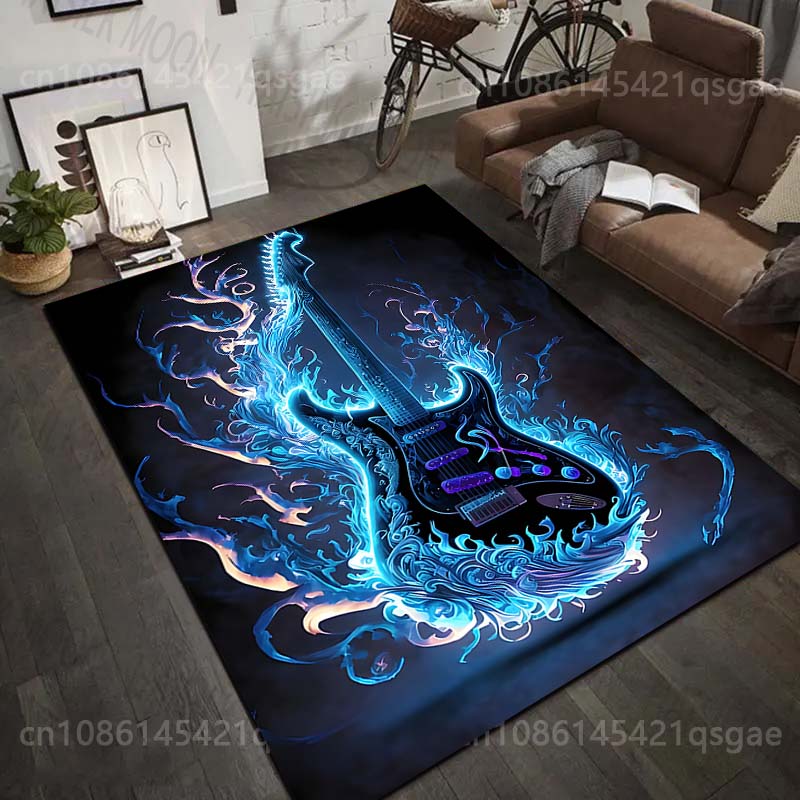 1 Stück Elektrische Gitarre Blaue Flammen Muster Teppich Teppiche für Schlafzimmer Wohnzimmer Sofamatte Kreative Fußmatte Garderobe Heimdekoration