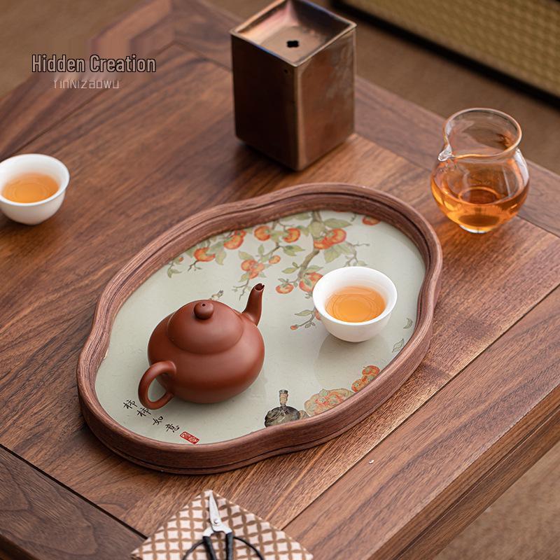 Exquisite Chinese Begonia Tea Serving Tray with Gaiwan Storage and Coaster Plate for Afternoon Tea and Coffee Shops