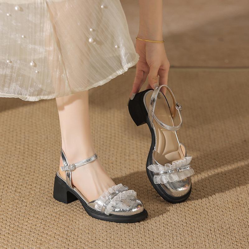Mary Jane thick heel silver bag head sandals summer soft sole empty single shoes high heels women