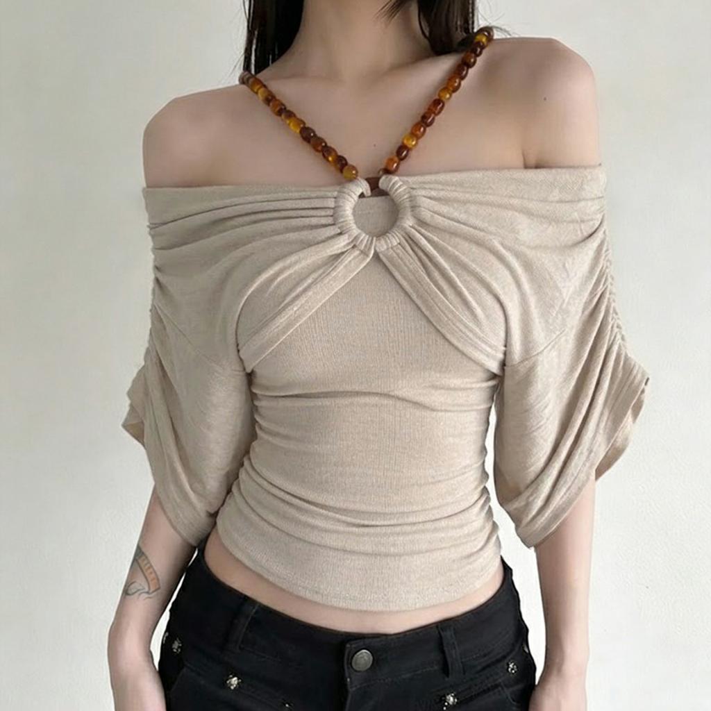 Beaded Off Shoulder Ruched Top – Slim Fit Batwing Sleeve Solid Color Women Blouse for Party & Summer Fashion