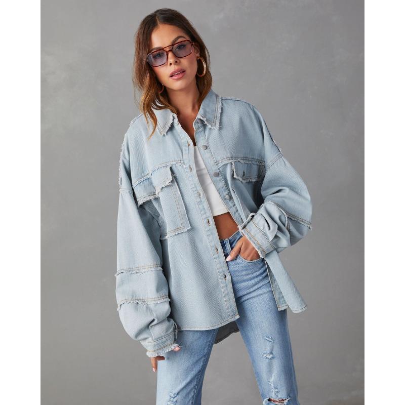 Lässige Langarm-Jeansjacke für Damen im Frühling und Herbst, gewaschene, einfarbige, mittellange Jacke