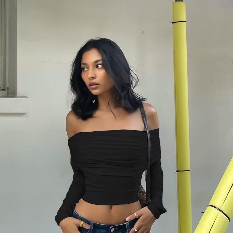 Elegantní ženy Sexy Tričko s vypnutým ramenem Jarní Dlouhý rukáv Slim Fit Crop Top Y2K Vintage Harajuku Bílá trička Elegantní dámské oblečení