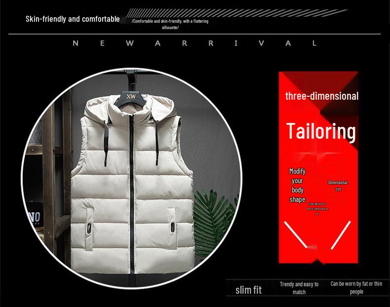 Men's Korean-Style Sleeveless Cotton Vest with Removable Hood, Warm & Trendy for Autumn and Winter.