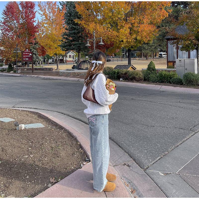 Jeans mit Schleife und Stickerei für Damen, hohe Qualität, hohe Taille, breite Beinhose, Y2k Vintage, gerade, 2025 Frühling, Sommer, einfarbige Hose