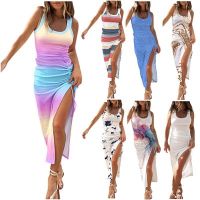 Ladies Slim Fit Drawstring Slit Sleeveless Dress Vest Sleeveless Dress U Neck DressFor Women