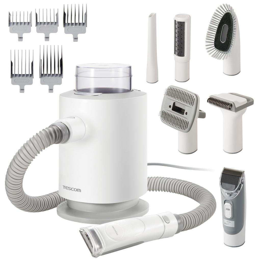 Tescom Pet Clipper Grooming Vacuum Cleaner Pet Vacuum Cleaner for Dogs and Shedding White 6-in-1 Multi-function Cats, Season, PET-TK01WH