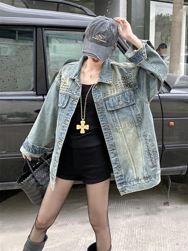 2025 Autumn Spicy Girl High-End Rivet Long-Sleeve Denim Jacket for Women