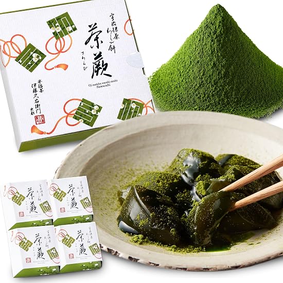 Ito Kyuemon Father s Day Uji Matcha Warabi Mochi Tea Warabi 4 Pieces Matcha Syrup & Kinako Included B07KF77MX9