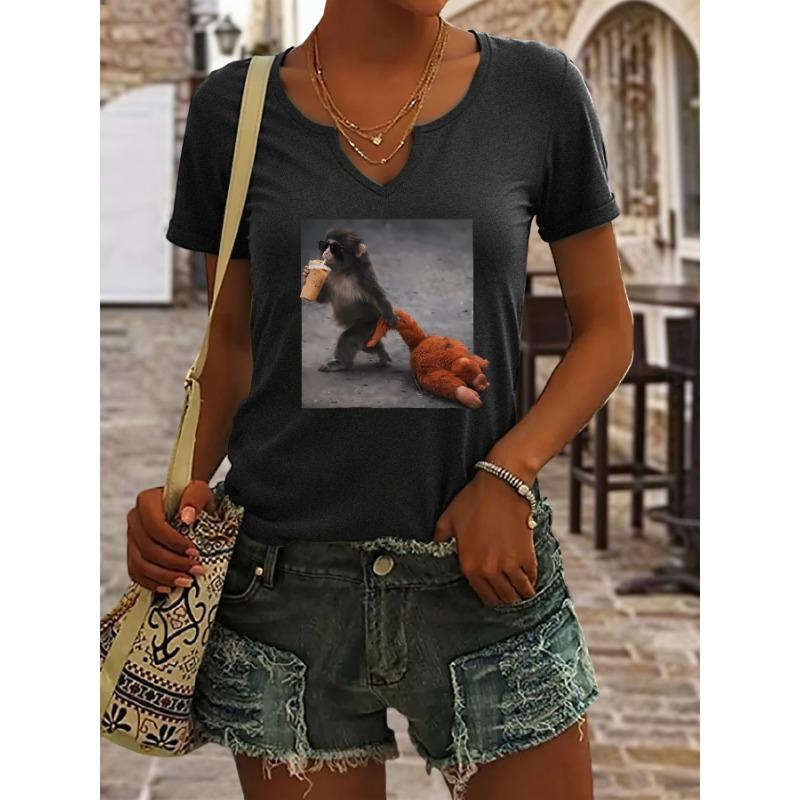 Women s Summer V-Neck Short Sleeve T-Shirt, Cool Monkey with Sunglasses & Iced Coffee Dragging Plush Print, Funny Casual Top S
