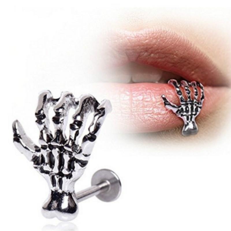 Skull Devil Hand Lip Piercing Zircon Skeleton Labret for Women Men Palm Stud Earrings Christmas Gift Hot Unique Punk Metal 1pc