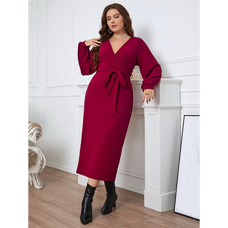 Women's Solid Long Lantern Sleeve Dress Cross Wrap Ruched V-neck Tie Waist Hem Split Long Dress Fit Basic Elegant Maxi Dress Party Club Work Dress