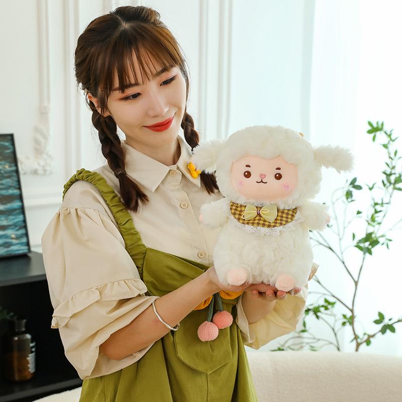 Cute clouds, lambs, plush toys, little sheep, girls sleeping in bed, holding dolls, pillows, dolls, gifts